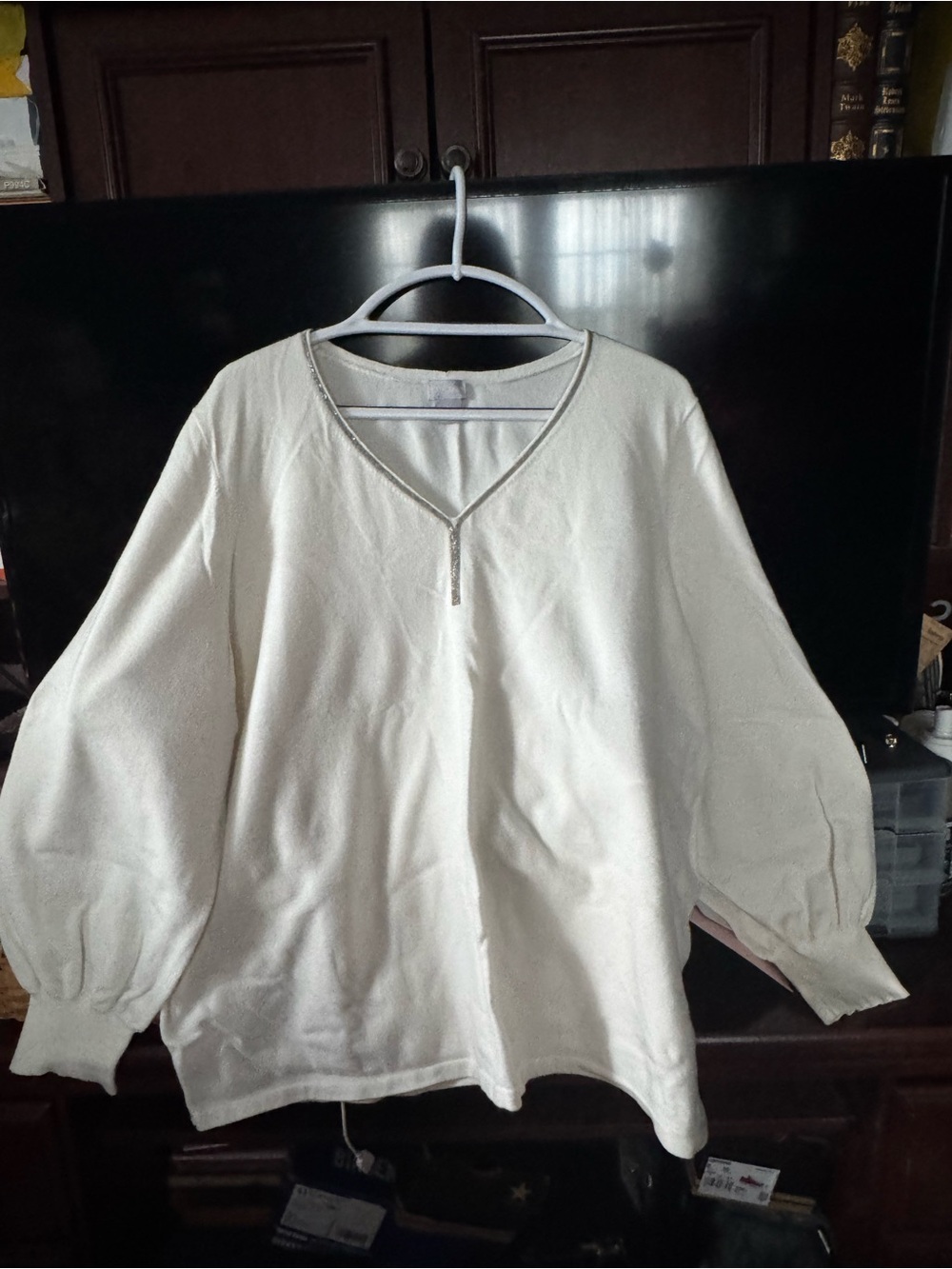 Chico's Ivory V-Neck Sweater with Zip Accent